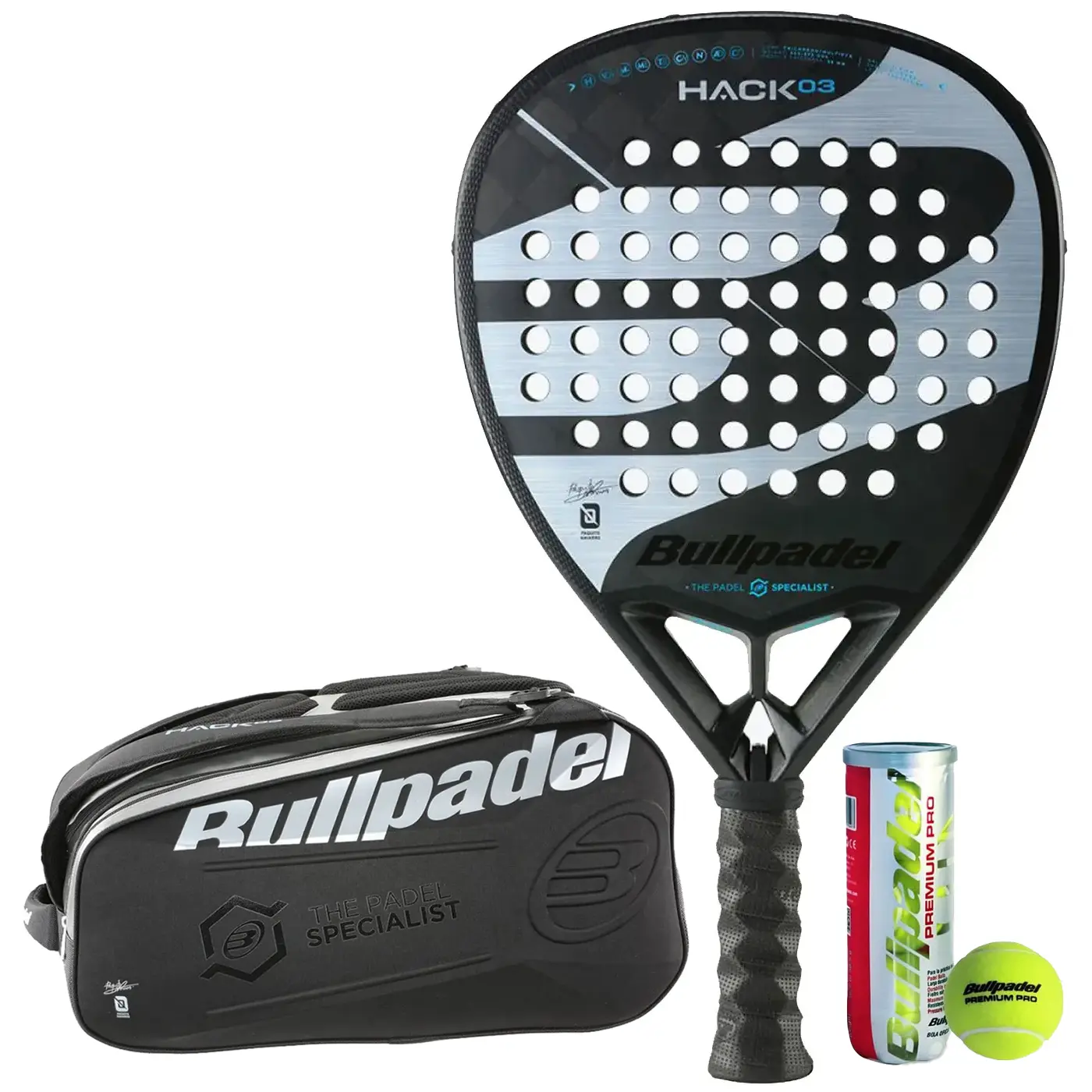 BULLPADEL HACK 03 2023 Padel Racket + Hack 03 Padel Bag + 3 Padel Balls BULLPADEL HACK 03 2023 Padel Racket + Hack 03 Padel Bag + 3 Padel Balls