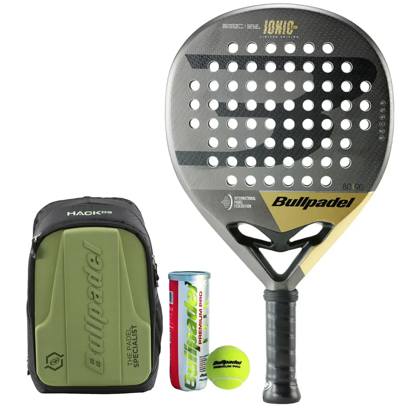 BULLPADEL IONIC CTR FIP 2023 Padel Racket + HACK Padel Backpack + 3 Padel Balls BULLPADEL IONIC CTR FIP 2023 Padel Racket + HACK Padel Backpack + 3 Padel Balls